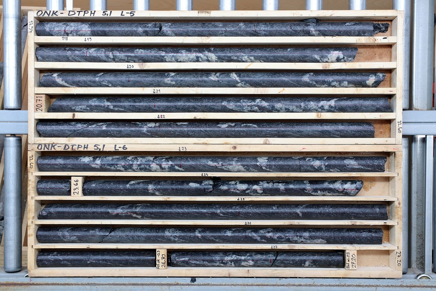 Rows of drill core in sample trays