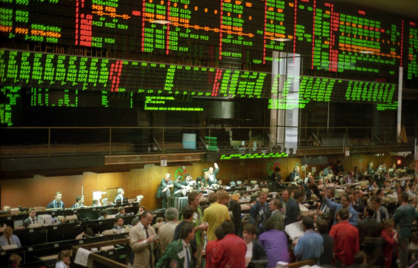 Price displays above the trading floor at the Chicago Board of Trade