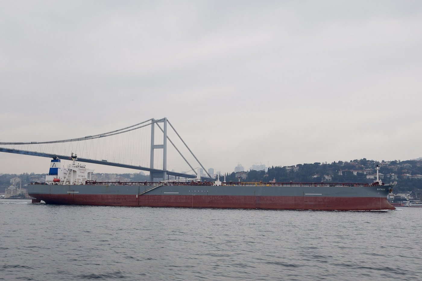 A laden crude oil tanker under way in the Bosphorus Strait at Istanbul