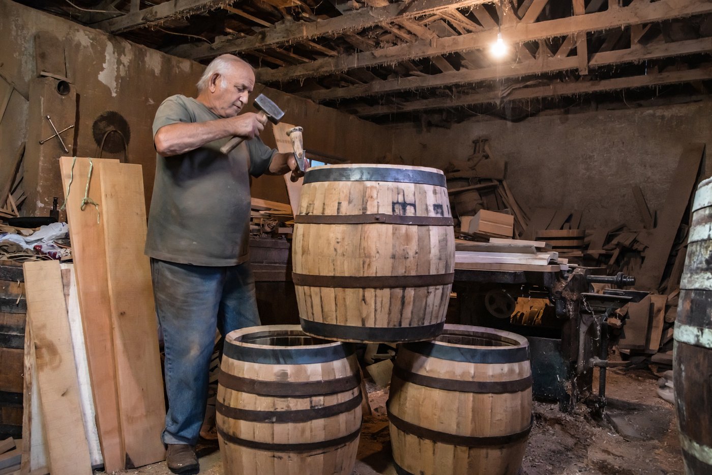 A cooper raising a barrel from oak staves in a workshop, with finished barrels around him